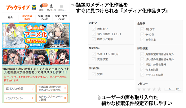 200万冊から「読みたい一冊」を見つけやすい!メディア化作品タブと細かな検索条件設定